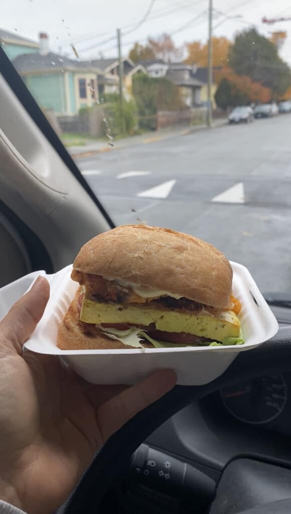 The vegan breakfast sandwich from the Fern Bakery and Cafe in Victoria, BC. We found it while on a pet sit through Trusted Housesitters.