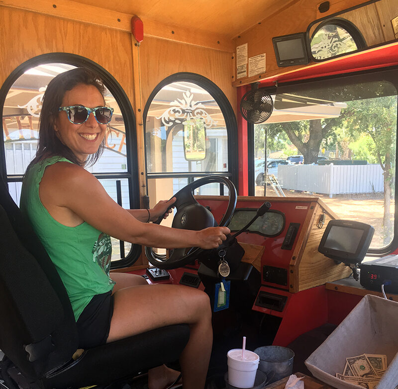 A picture of Karen in the drivers seat of the Sea Pines trolly. We do like to explore like locals!