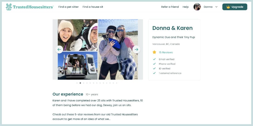 A screenshot of what our profile looks like on Trusted Housesitters.