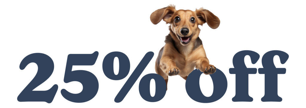 An image of the deal '25% OFF' with a dog jumping through.