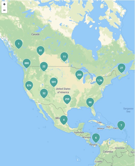 A zoomed in screenshot image of a map of North America showing sits available all over.
