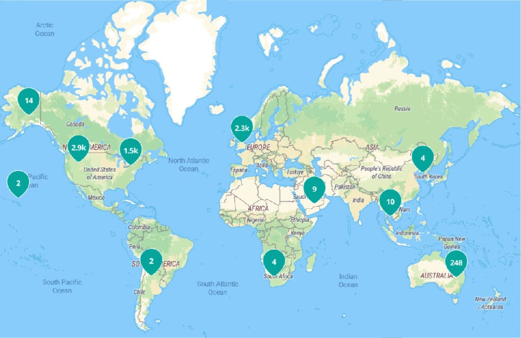 A screenshot of a map of the world with circled numbers on different locations showing different sits around the world.