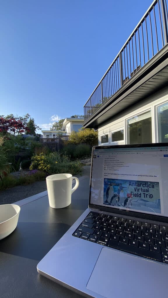 A picture of our outdoor workspace in a backyard of a house we pat sat at.