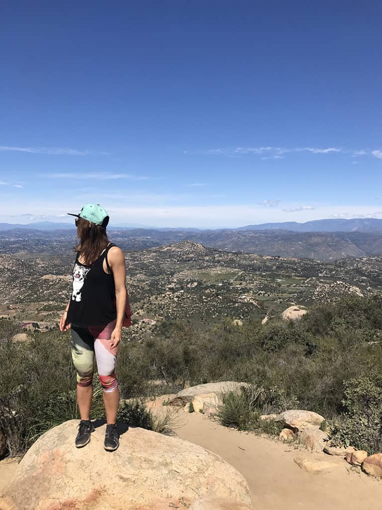 Donna hiking to Potato Chip rock in California. A homeowner told us about this hike.