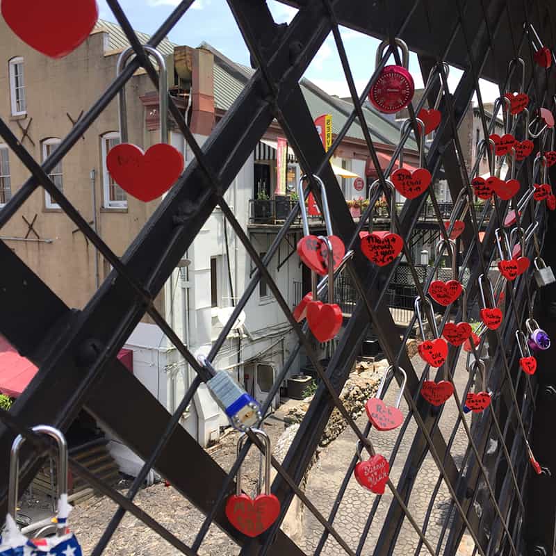A picture of love locks in Savannah, Georgia.