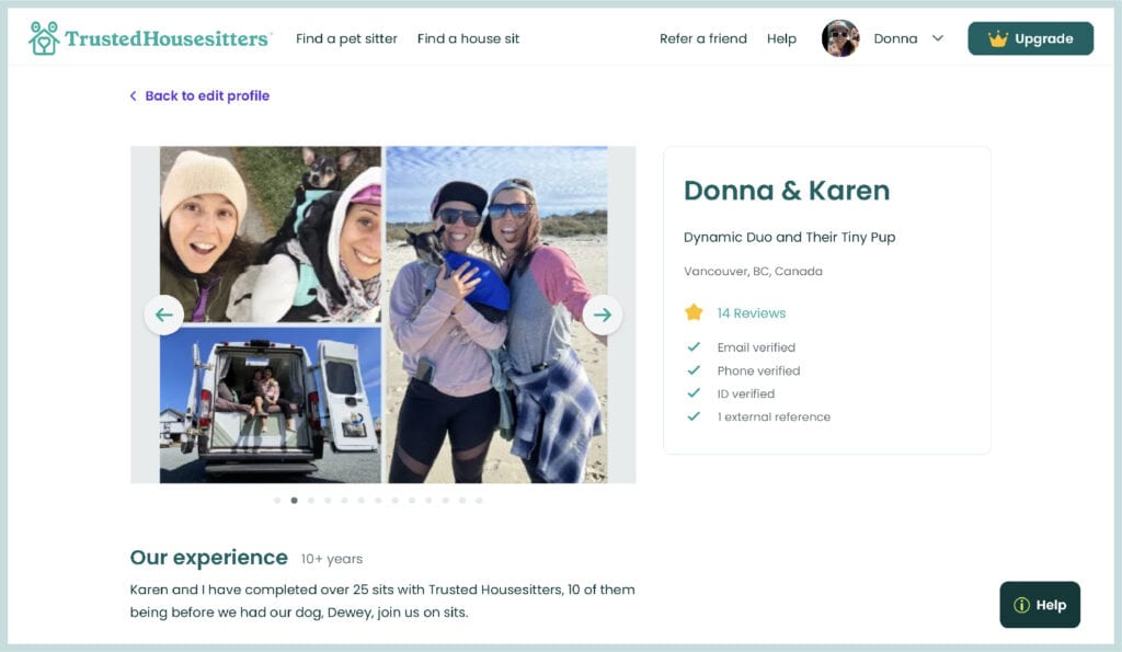 A screenshot of our profile on Trusted Housesitters. You can see some pictures of us smiling with pets.