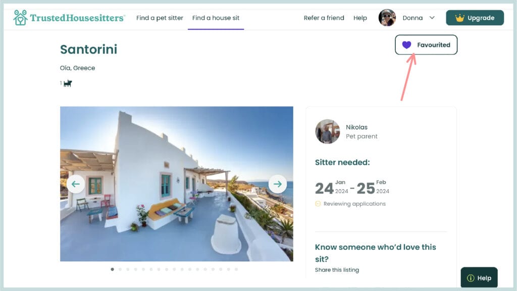 A screenshot of a pet sit listed on Trusted Housesitters with an arrow pointing to the heart in the top right corner. Click the heart to favourite the sit!