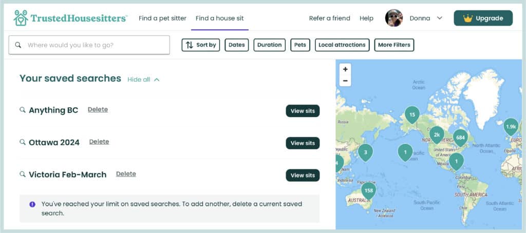 A screenshot showing how you can customize your searches by saving specific searches on Trusted Housesitters.