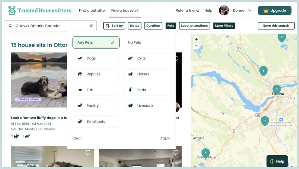 A screenshot of what the drop down for the pets filter looks like on Trusted Housesitters