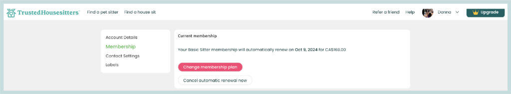 A screenshot showing how Trusted Housesitters has a place you can go to cancel your membership.