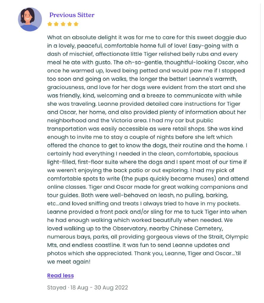 A screenshot of a review on Trusted Housesitters.