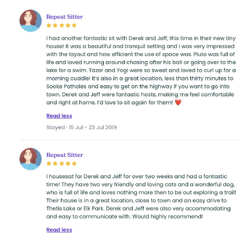 A screenshot of a sitter review of a pet sit on Trusted Housesitters.