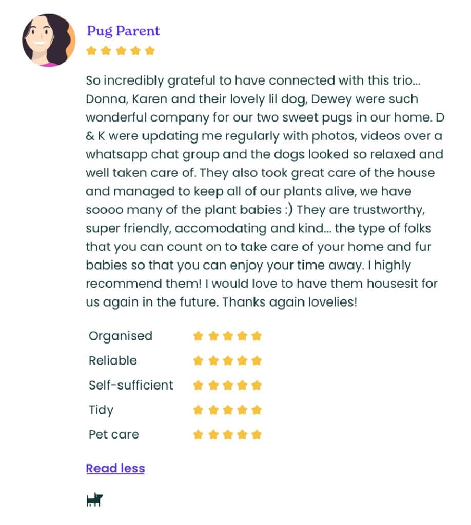 A screenshot of a homeowner review of sitters on Trusted Housesitters.