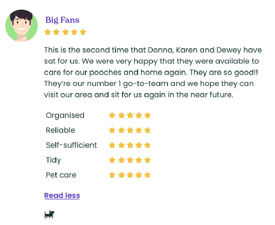 A screenshot of a homeowner review of sitters on Trusted Housesitters.