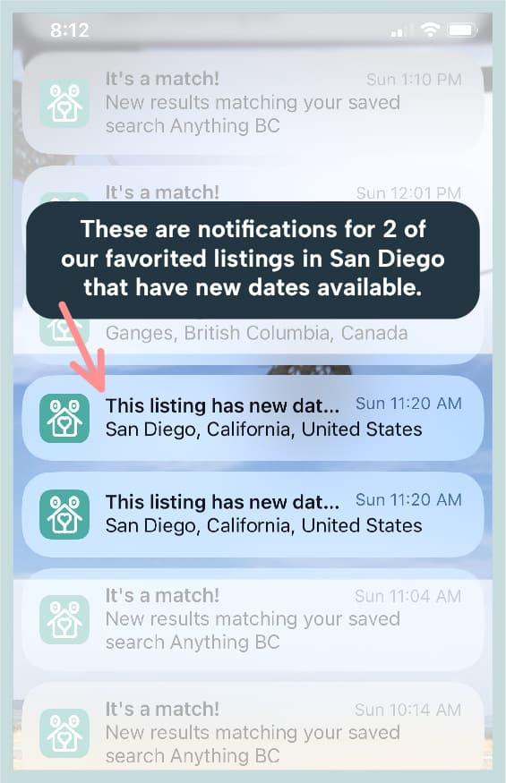 A screenshot of the notifications we get on our phone for Trusted Housesitters. This one shows new dates for a saved sit.