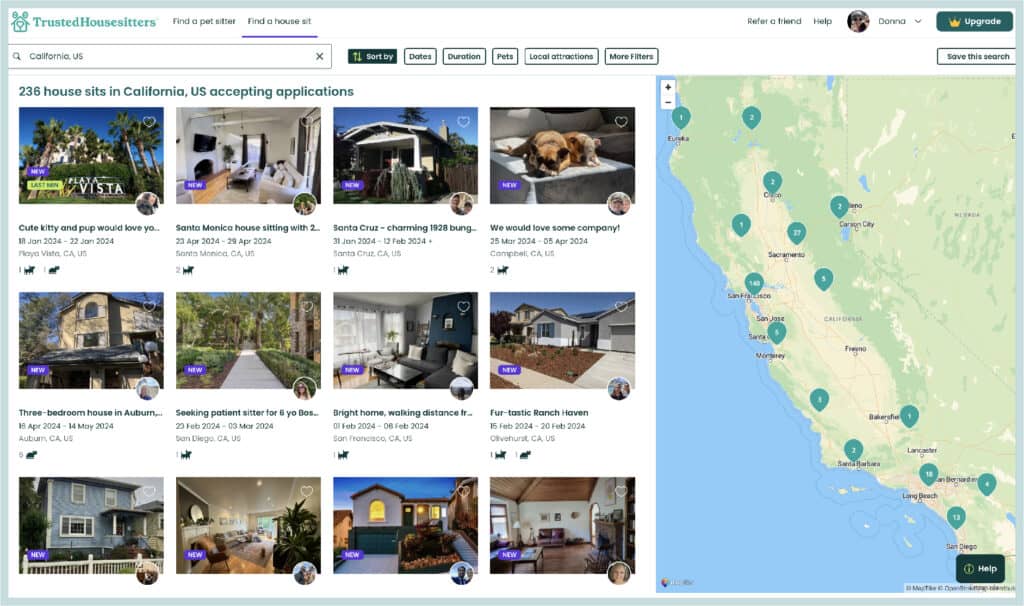 A screenshot of Trusted Housesitters pet sits available on the west coast around California.