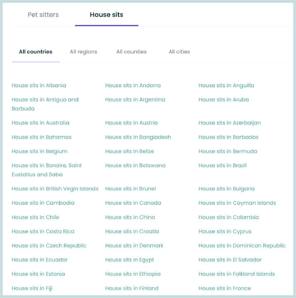 A screenshot of a third of the list of countries available for pet sits through Trusted Housesitters.