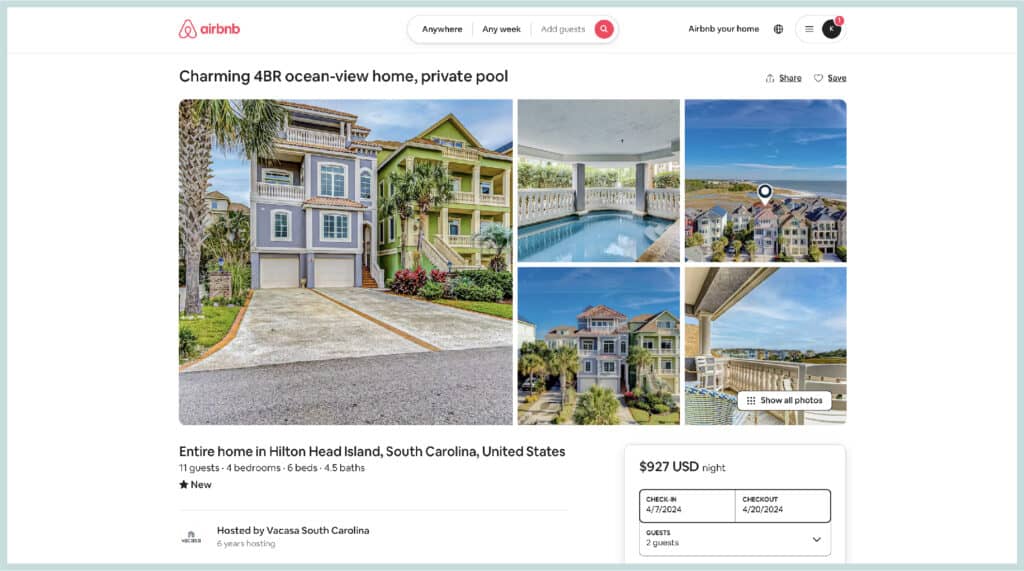 A screenshot of an AirBnb rental in Sea Pines, showing that a Trusted Housesitters membership is well worth it.