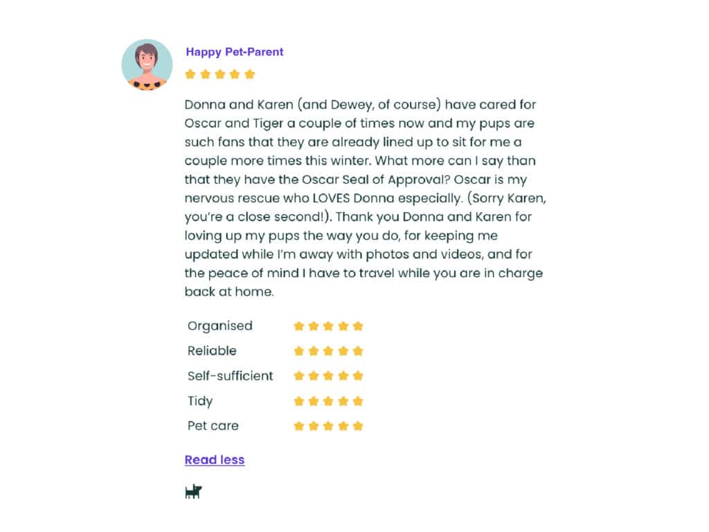 An image of a Trusted Housesitters review we received from happy pet owners.