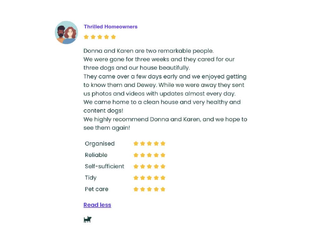 An image of a Trusted Housesitters review we received from happy pet owners.