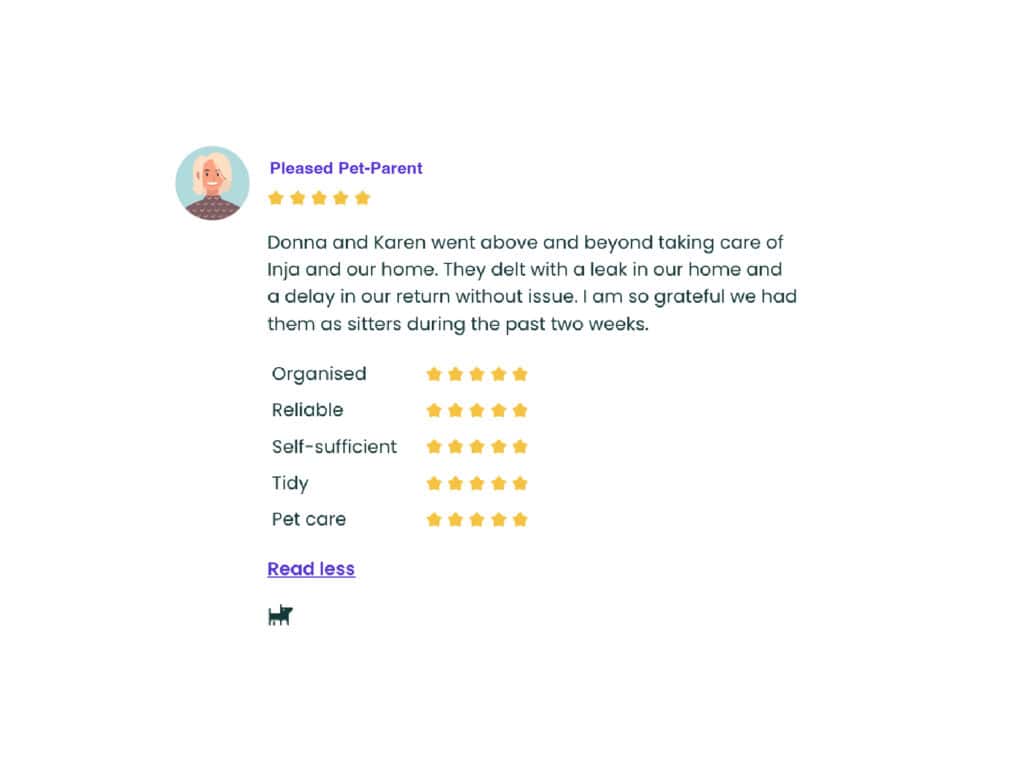 An image of a Trusted Housesitters review we received from happy pet owners.