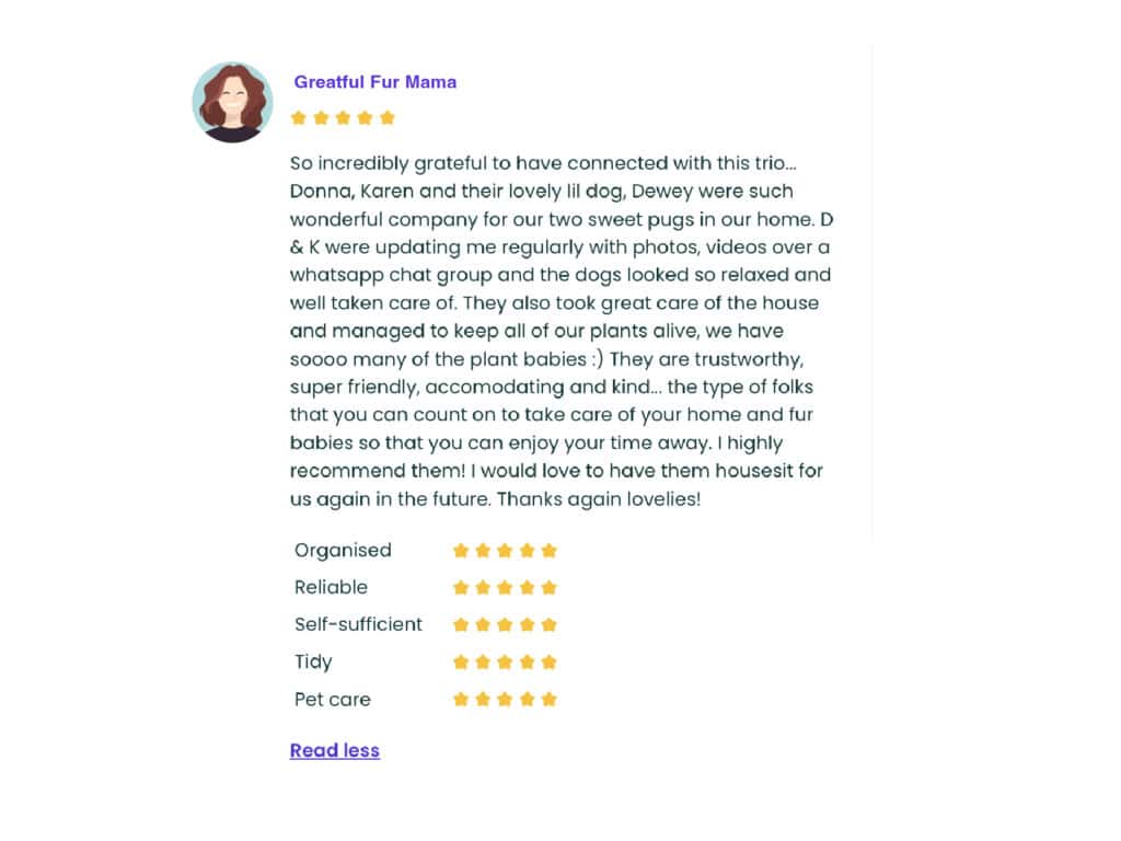 An image of a Trusted Housesitters review we received from happy pet owners.