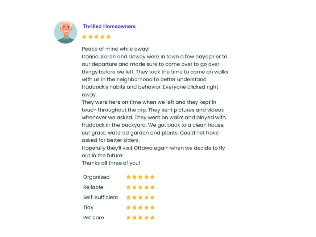 An image of a Trusted Housesitters review we received from happy pet owners.