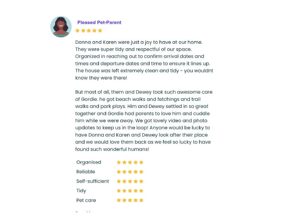 An image of a Trusted Housesitters review we received from happy pet owners.
