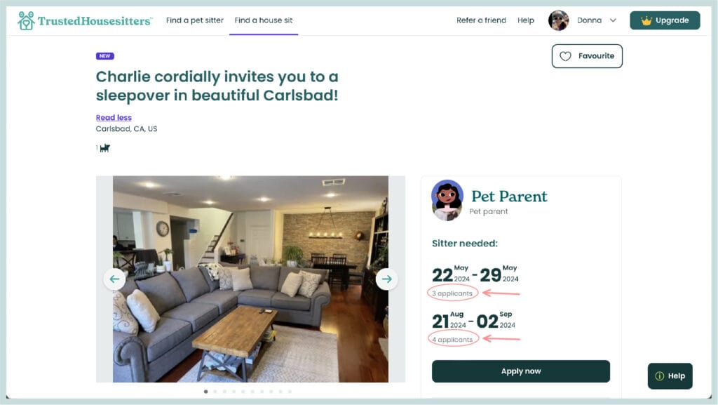 A screenshot of a pet owner looking for a pet sitter.