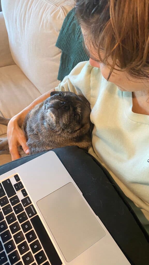 A picture of Donna working with Kosmo the pug by her side.