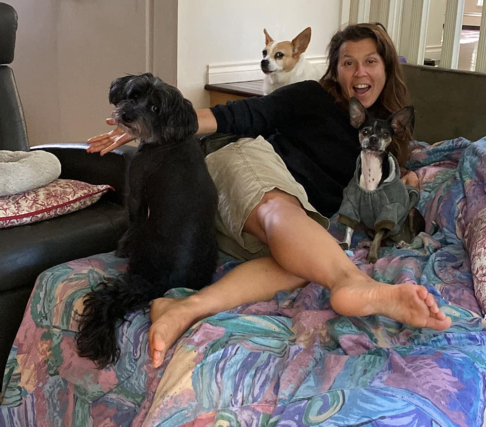 Donna posing on a couch with our dog Dewey and Shelby and Banjo.