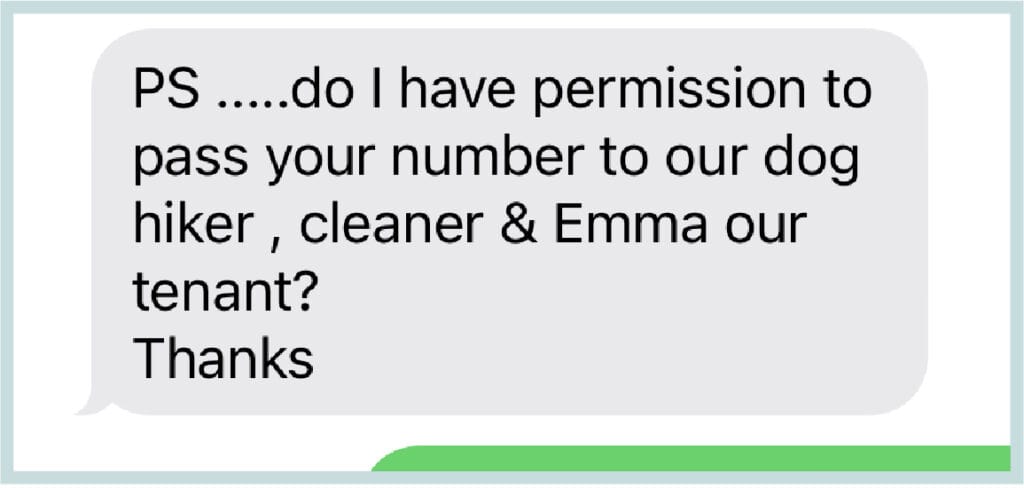 A screenshot of a text message with a homeowner from Trusted Housesitters.