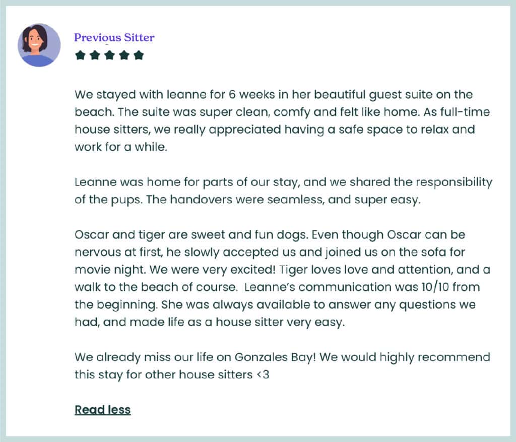 A screenshot of a review from Trusted Housesitters.