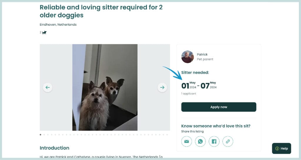A screenshot of a pet sit on Trusted Housesitters showing the dates of the pet sit.
