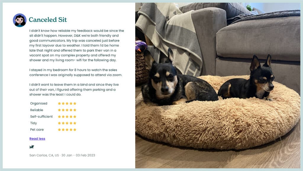 A screenshot of a review we received on Trusted Housesitters after a sit was cancelled for two chihuahuas.